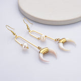 White Shell Horn Natural Pearl Dangle Earrings, Gold Plated Crescent Moon Boho Jewelry HD0199-2