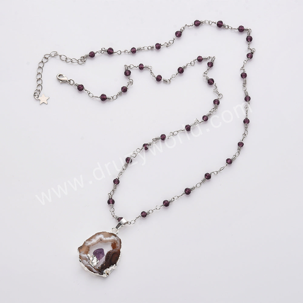 22" Silver Agate Druzy Slice Pendant Necklace, Amethyst Beaded Rosary Necklace, Boho Jewelry HD0235-2