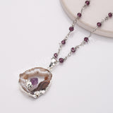 22" Silver Agate Druzy Slice Pendant Necklace, Amethyst Beaded Rosary Necklace, Boho Jewelry HD0235-2