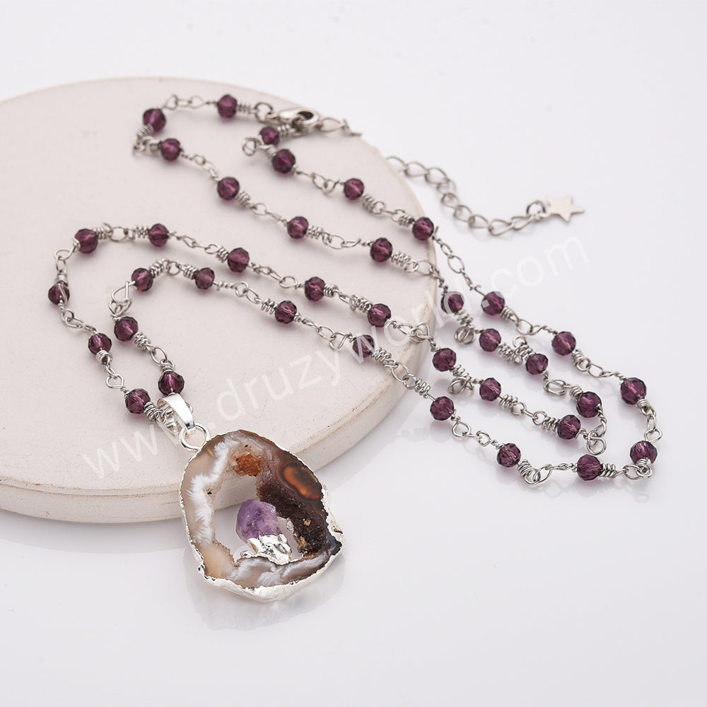 Silver Druzy Agate Slice Amethyst Beaded Rosary Chain Long Necklace 22", Boho Jewelry HD0235-2