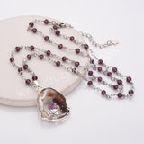 22" Silver Agate Druzy Slice Pendant Necklace, Amethyst Beaded Rosary Necklace, Boho Jewelry HD0235-2