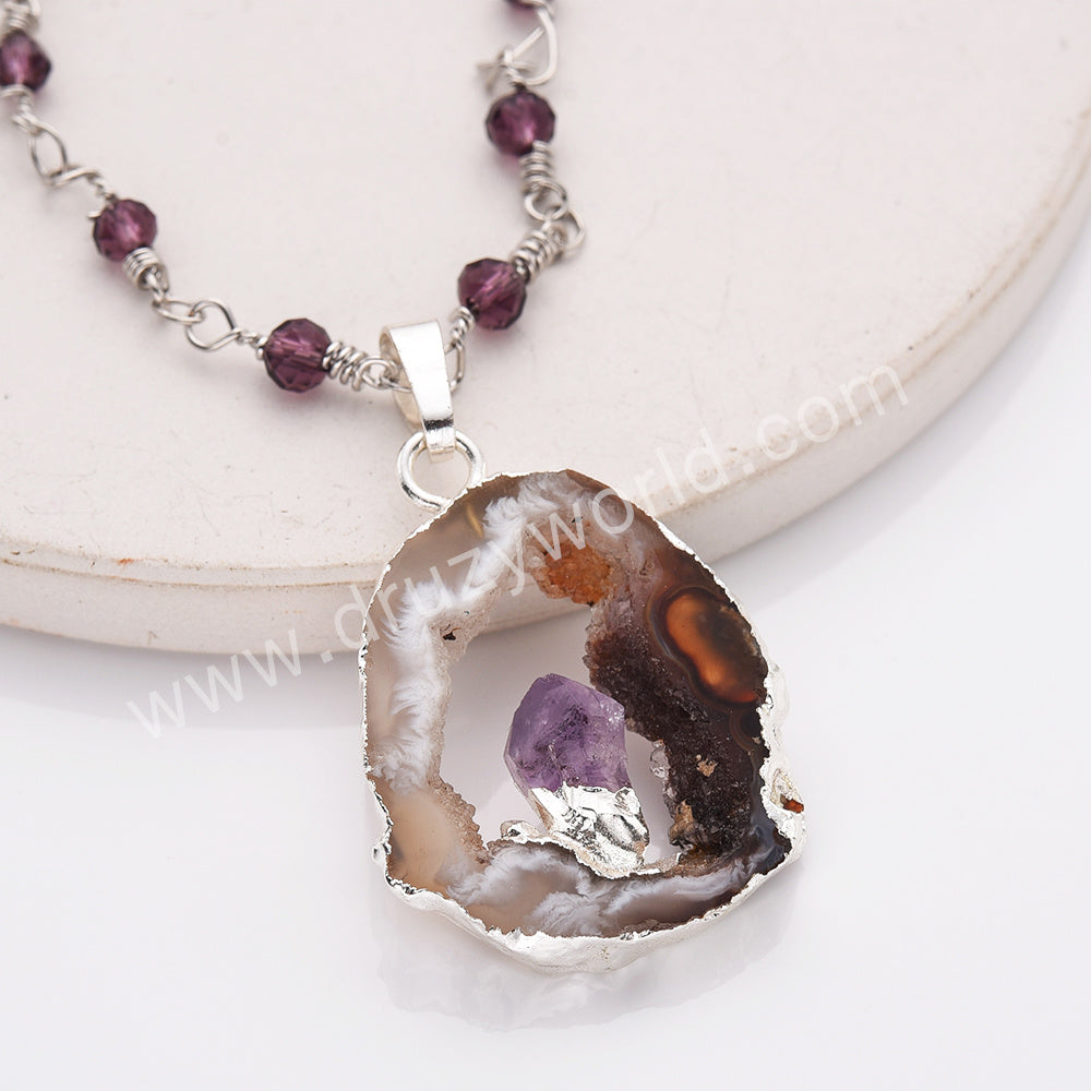 22" Silver Agate Druzy Slice Pendant Necklace, Amethyst Beaded Rosary Necklace, Boho Jewelry HD0235-2