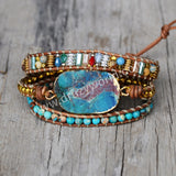 Natural Blue Chrysocolla Jasper Leather Wrap Bracelet, 3-Layer, Multi Stone Beads, Handmade Boho Jewelry HD0258