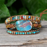 Natural Blue Chrysocolla Jasper Leather Wrap Bracelet, 3-Layer, Multi Stone Beads, Handmade Boho Jewelry HD0258