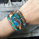 Natural Blue Chrysocolla Jasper Leather Wrap Bracelet, 3-Layer, Multi Stone Beads, Handmade Boho Jewelry HD0258