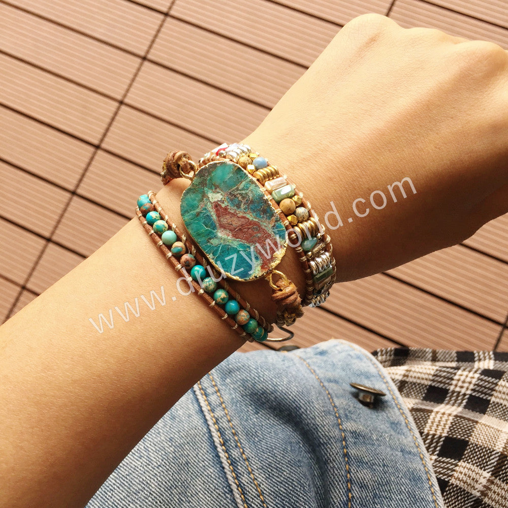Natural Blue Chrysocolla Jasper Leather Wrap Bracelet, 3-Layer, Multi Stone Beads, Handmade Boho Jewelry HD0258