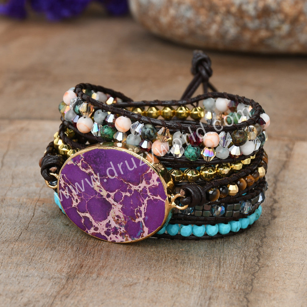 Natural Purple Sea Sediment Jasper Leather Wrap Bracelet, 3-Layer, Multi Stone Beads, Handmade Boho Jewelry HD0259
