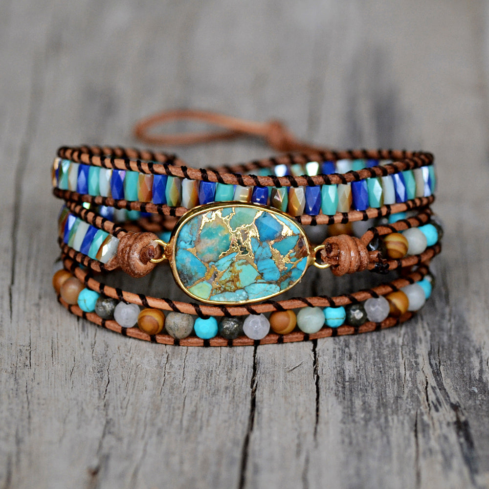 Gold Copper Turquoise & 4mm Multi Natural Stone Beads 3-Layers Leather Wrap Bracelet, Handmade Boho Jewelry HD0264