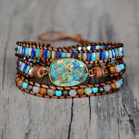 Gold Copper Turquoise & 4mm Multi Natural Stone Beads 3-Layers Leather Wrap Bracelet, Handmade Boho Jewelry HD0264