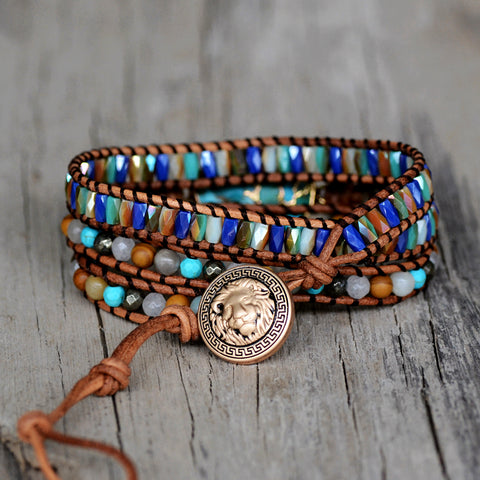 Gold Copper Turquoise & 4mm Multi Natural Stone Beads 3-Layers Leather Wrap Bracelet, Handmade Boho Jewelry HD0264