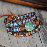 Gold Copper Turquoise & 4mm Multi Natural Stone Beads 3-Layers Leather Wrap Bracelet, Handmade Boho Jewelry HD0264