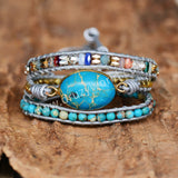 Oval Blue Sead Sediment Jasper Leather Wrap Bracelet, 3-Layer, Multi Stone Beads, Handmade Boho Jewelry HD0256