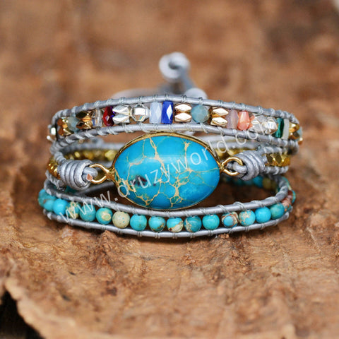 Oval Blue Sead Sediment Jasper Leather Wrap Bracelet, 3-Layer, Multi Stone Beads, Handmade Boho Jewelry HD0256