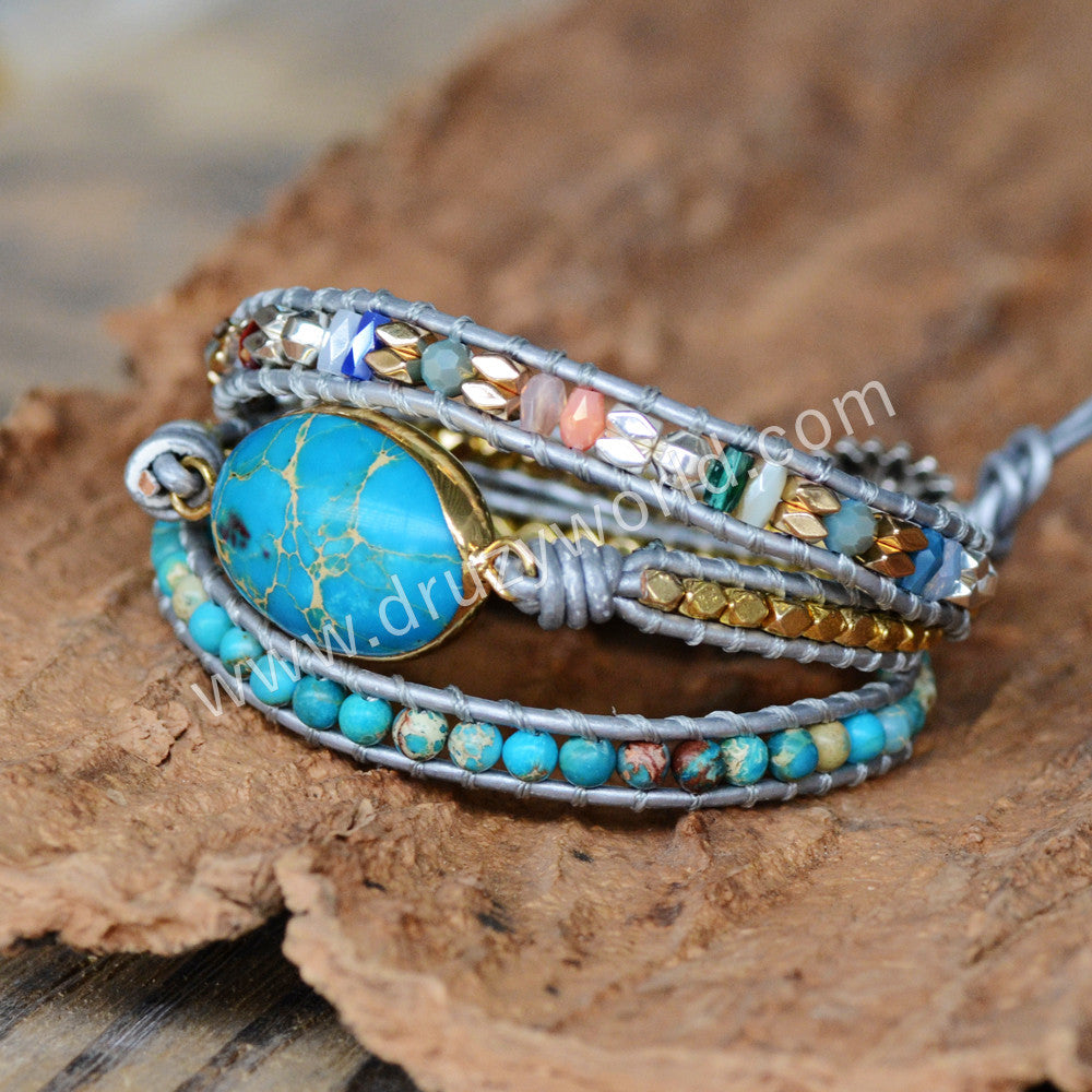 Oval Blue Sead Sediment Jasper 3-Layers Leather Wrap Bracelet, Multi Stone Beads, Handmade Boho Jewelry HD0256