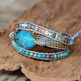 Oval Blue Sead Sediment Jasper Leather Wrap Bracelet, 3-Layer, Multi Stone Beads, Handmade Boho Jewelry HD0256