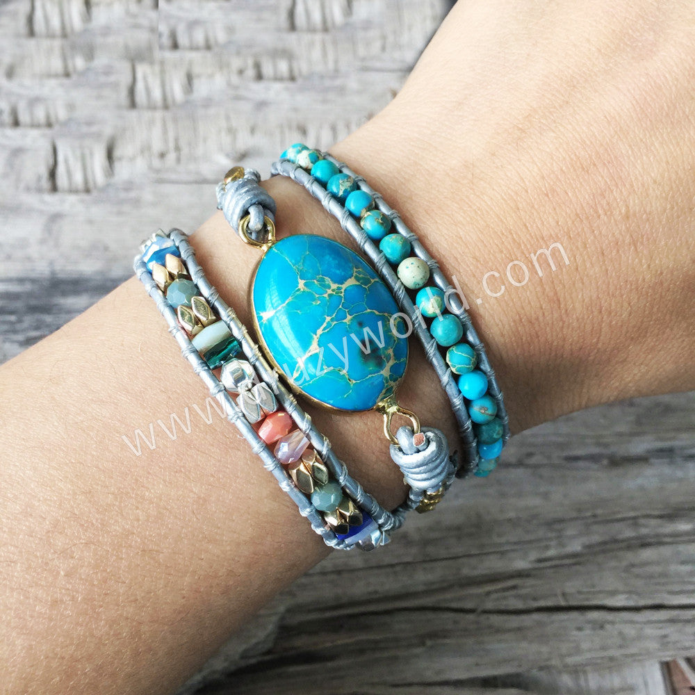 Oval Blue Sead Sediment Jasper Leather Wrap Bracelet, 3-Layer, Multi Stone Beads, Handmade Boho Jewelry HD0256