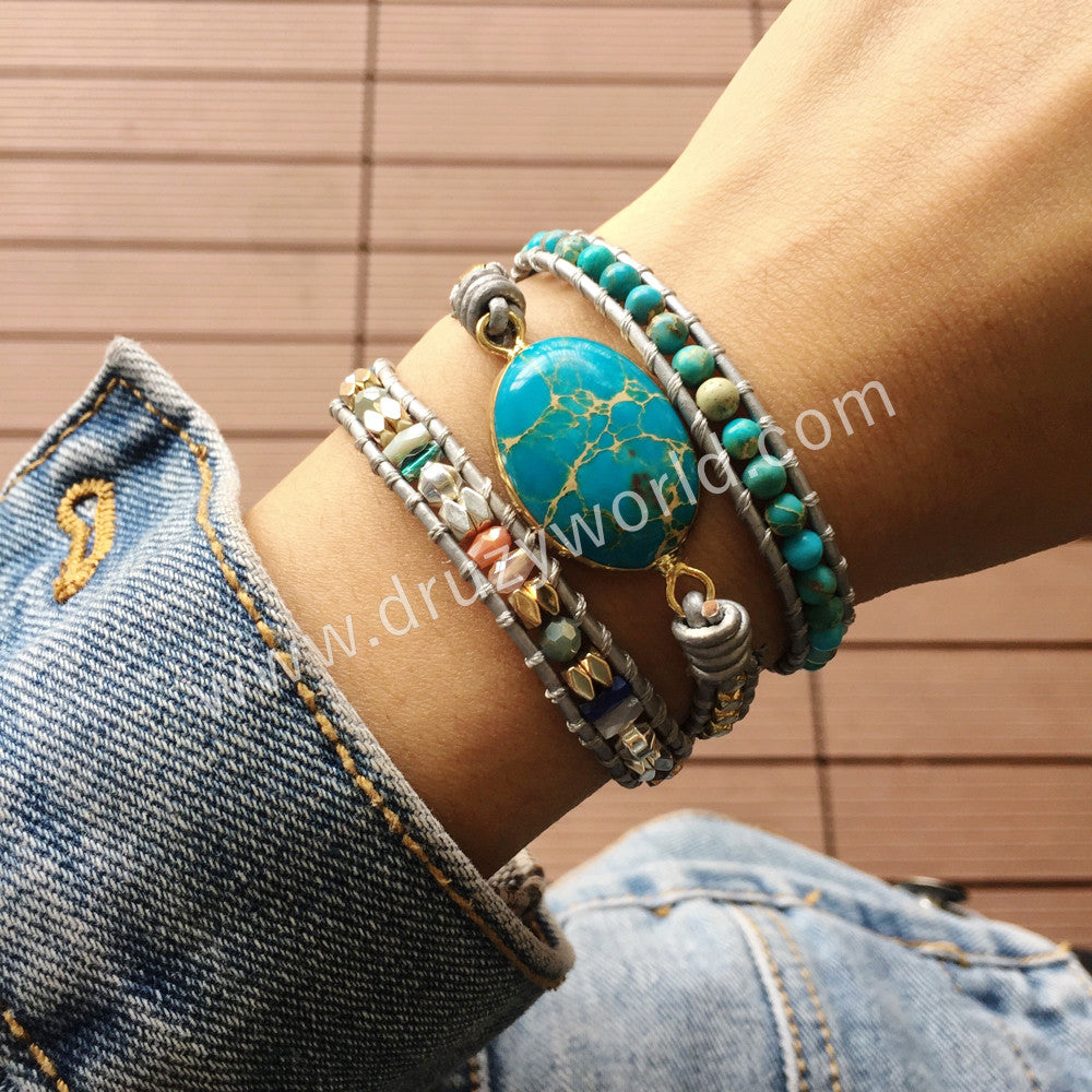 Oval Blue Sead Sediment Jasper 3-Layers Leather Wrap Bracelet, Multi Stone Beads, Handmade Boho Jewelry HD0256