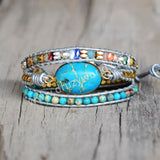 Oval Blue Sead Sediment Jasper Leather Wrap Bracelet, 3-Layer, Multi Stone Beads, Handmade Boho Jewelry HD0256