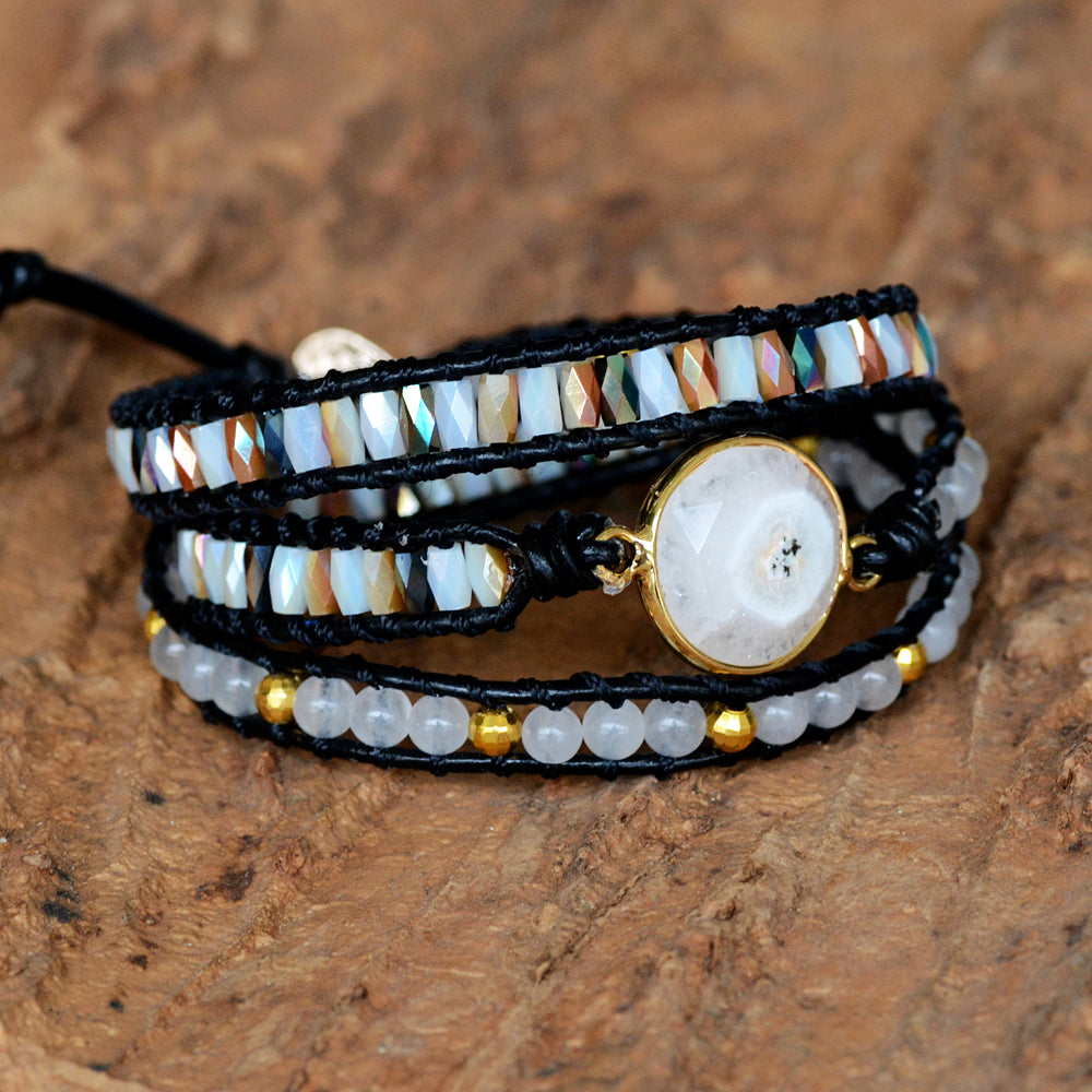 Gold Faceted Solar Quartz & 4mm Natural Stone Beads 3-Layers Leather Wrap Bracelet, Handmade Boho Jewelry HD0268