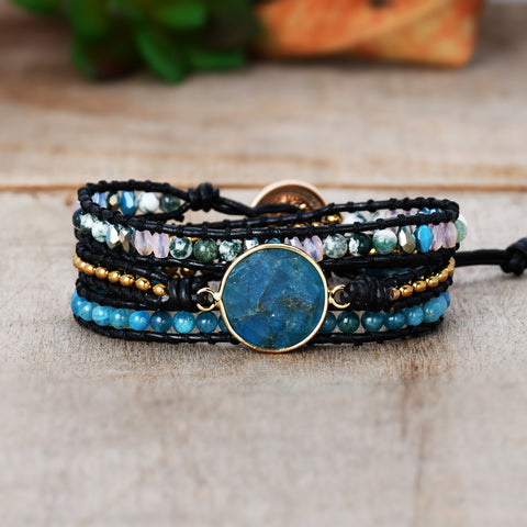 Gold Round Apatite & 4mm Natural Stone Beads 3-Layers Leather Wrap Bracelet, Handmade Boho Jewelry HD0271