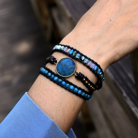 Gold Round Apatite & 4mm Natural Stone Beads 3-Layers Leather Wrap Bracelet, Handmade Boho Jewelry HD0271