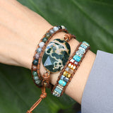 Gold Faceted Ocean Jasper & Indian Agate Stone Beads 3-Layers Leather Wrap Bracelet, Handmade Boho Jewelry HD0277