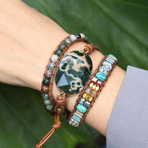 Gold Faceted Ocean Jasper & Indian Agate Stone Beads 3-Layers Leather Wrap Bracelet, Handmade Boho Jewelry HD0277