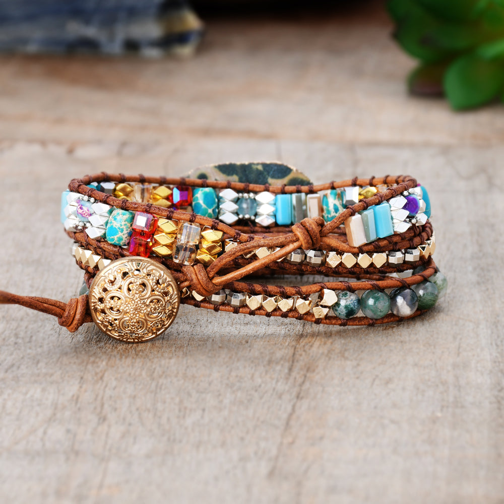 Gold Faceted Ocean Jasper & Indian Agate Stone Beads Leather Wrap Bracelet, Handmade Boho Jewelry HD0277