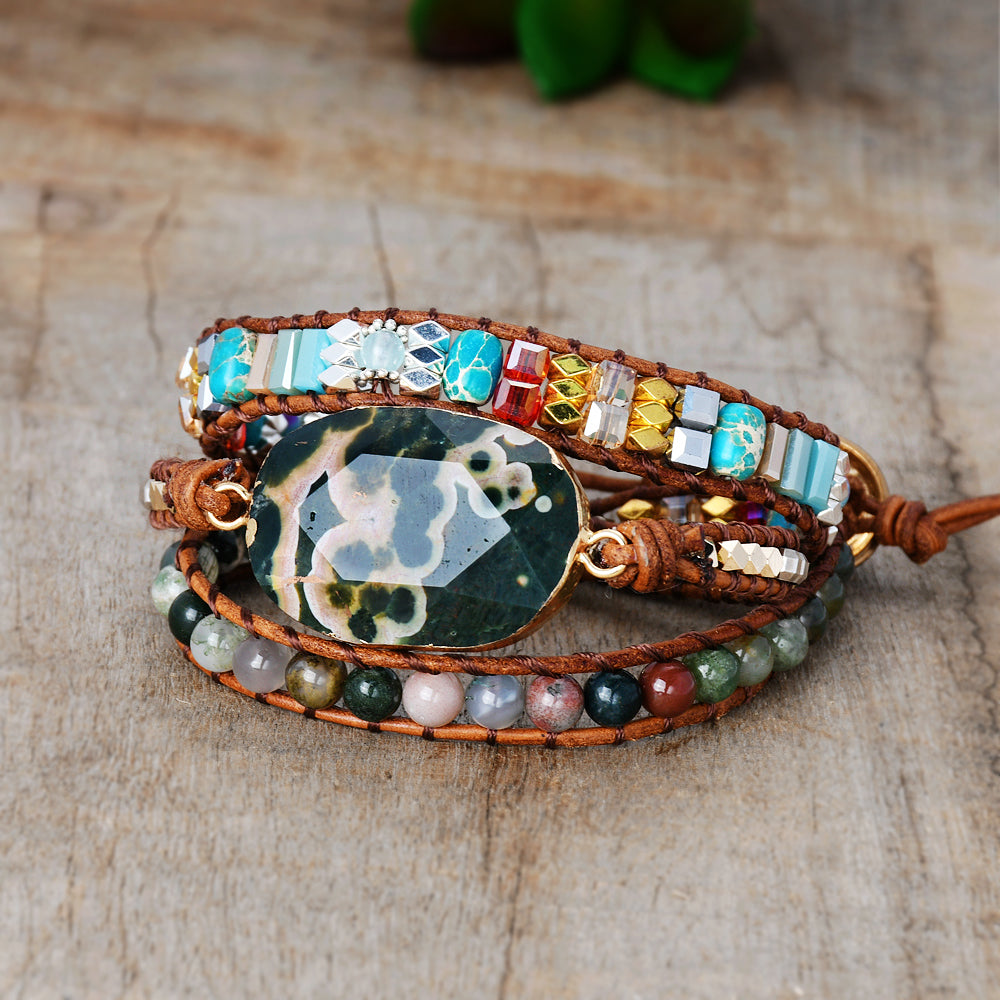 Gold Faceted Ocean Jasper & Indian Agate Stone Beads Leather Wrap Bracelet, Handmade Boho Jewelry HD0277