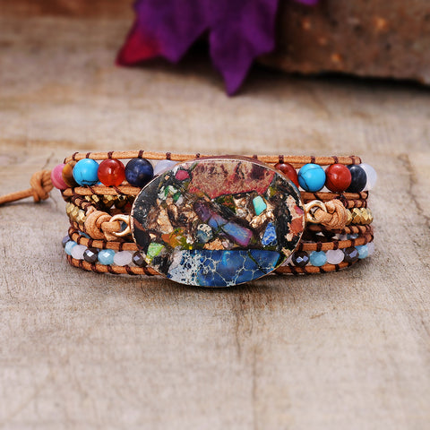 Gold Plated Colorful Sea Sediment Jasper & Multi Stone Beads 3-Layers Leather Wrap Bracelet, Handmade Boho Jewelry HD0295