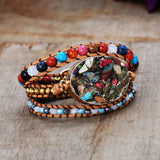 Gold Plated Colorful Sea Sediment Jasper & Multi Stone Beads 3-Layers Leather Wrap Bracelet, Handmade Boho Jewelry HD0295