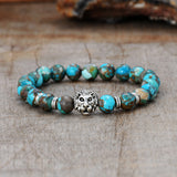 8mm Natural Copper Turquoise Silver Lion Beads Stretch Bracelet HD0303