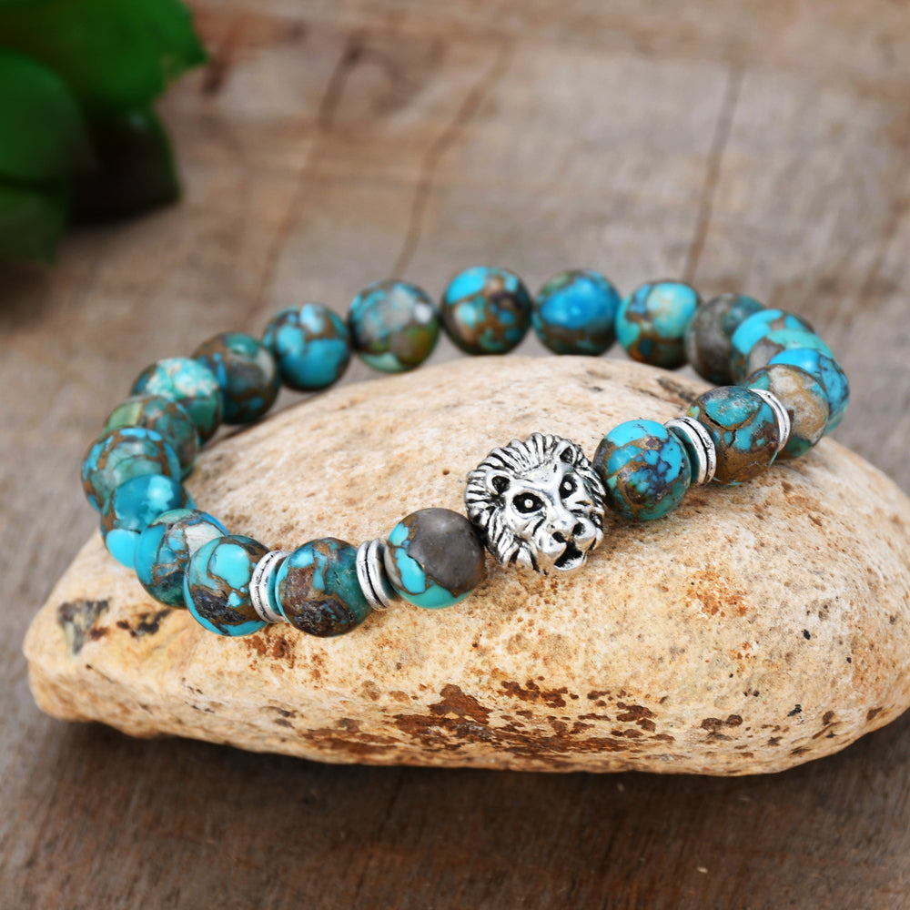 8mm Natural Copper Turquoise Silver Lion Beads Stretch Bracelet HD0303