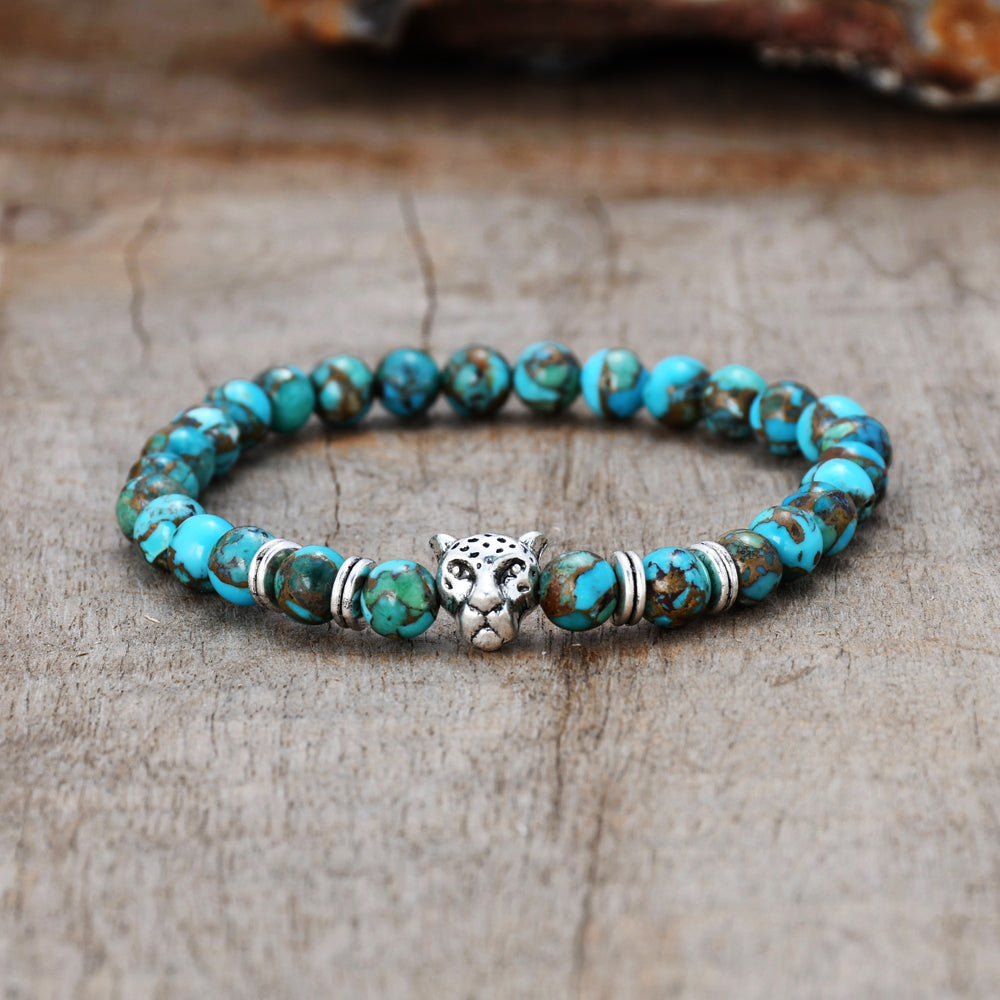 Natural Copper Turquoise Silver Leopard Head Beads Stretch Bracelet, 6mm Stone Beads, Handmade Boho Jewelry HD0304