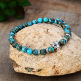 Natural Copper Turquoise Silver Leopard Head Beads Stretch Bracelet, 6mm Stone Beads, Handmade Boho Jewelry HD0304