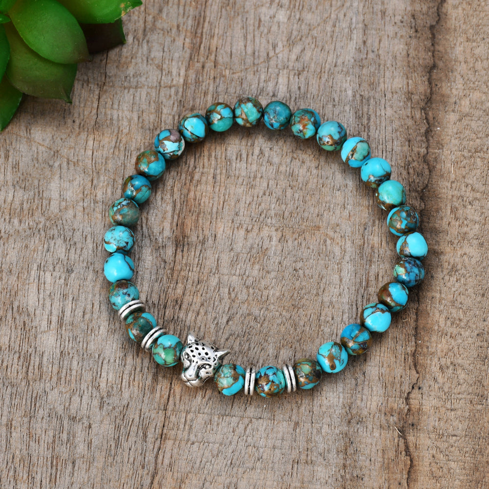 Natural Copper Turquoise Silver Leopard Head Beads Stretch Bracelet, 6mm Stone Beads, Handmade Boho Jewelry HD0304