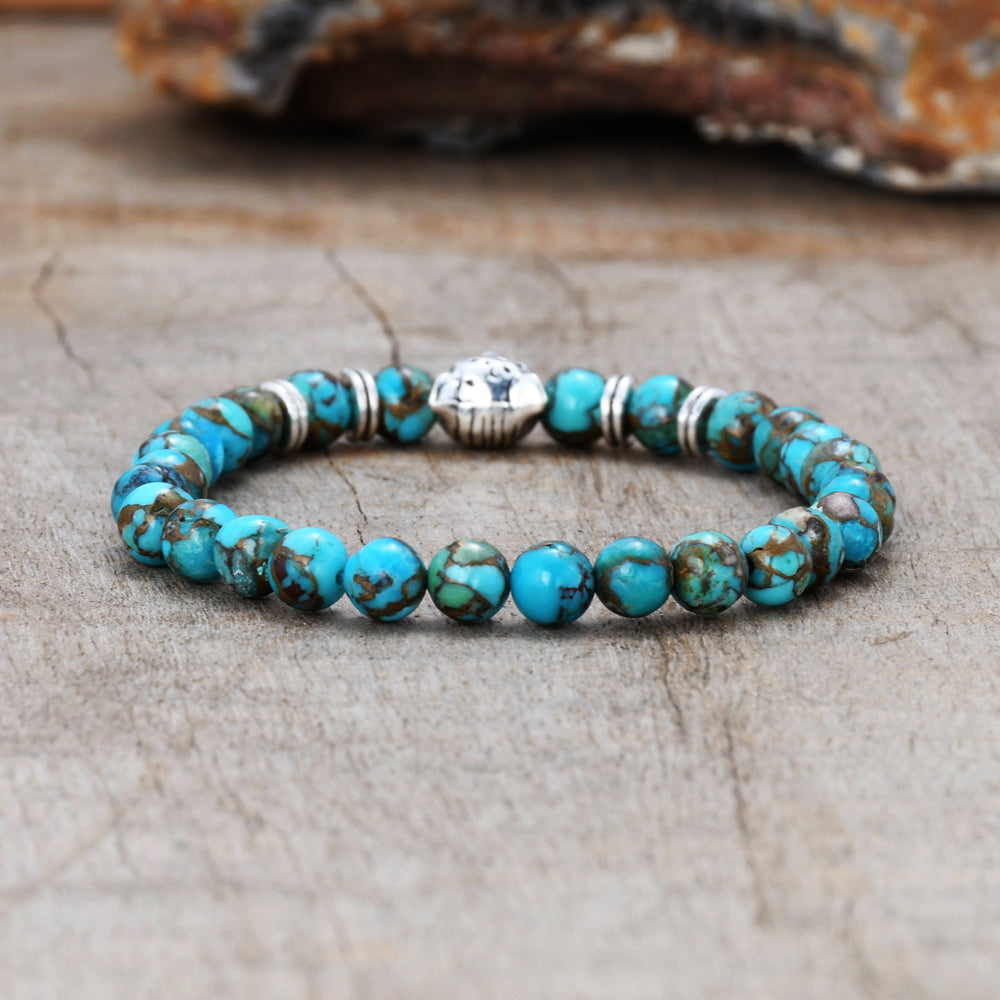 Natural Copper Turquoise Silver Leopard Head Beads Stretch Bracelet, 6mm Stone Beads, Handmade Boho Jewelry HD0304