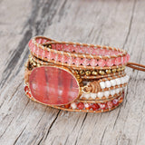 Gold Plated Volcano Cherry Quartz 4mm Multi Stone Beads 5-Layers Leather Wrap Bracelet, Handmade Boho Jewelry HD0317