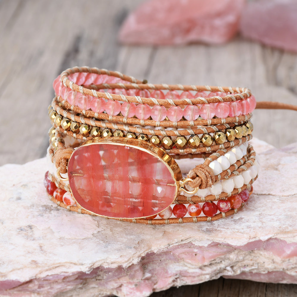 Gold Plated Volcano Cherry Quartz 4mm Multi Stone Beads 5-Layers Leather Wrap Bracelet, Handmade Boho Jewelry HD0317