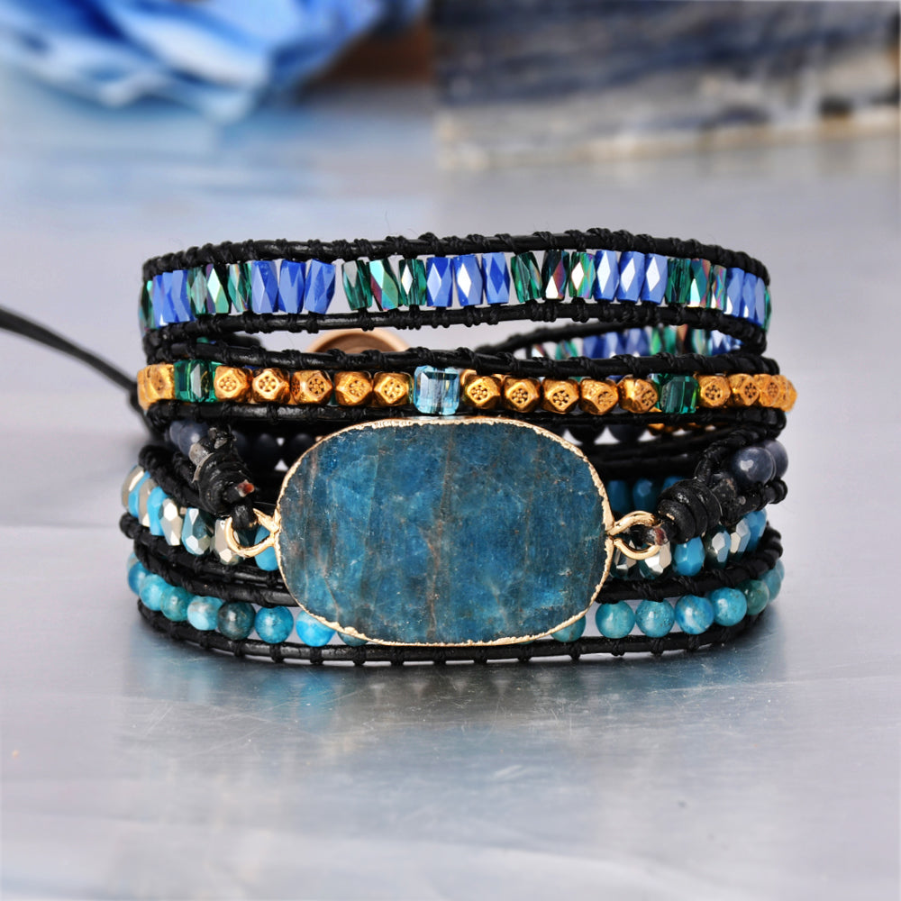 Gold Faceted Blue Apatite Pyramid & 4mm Natural Stone Beads 5-Layers Leather Wrap Bracelet, Handmade Boho Jewelry HD0318