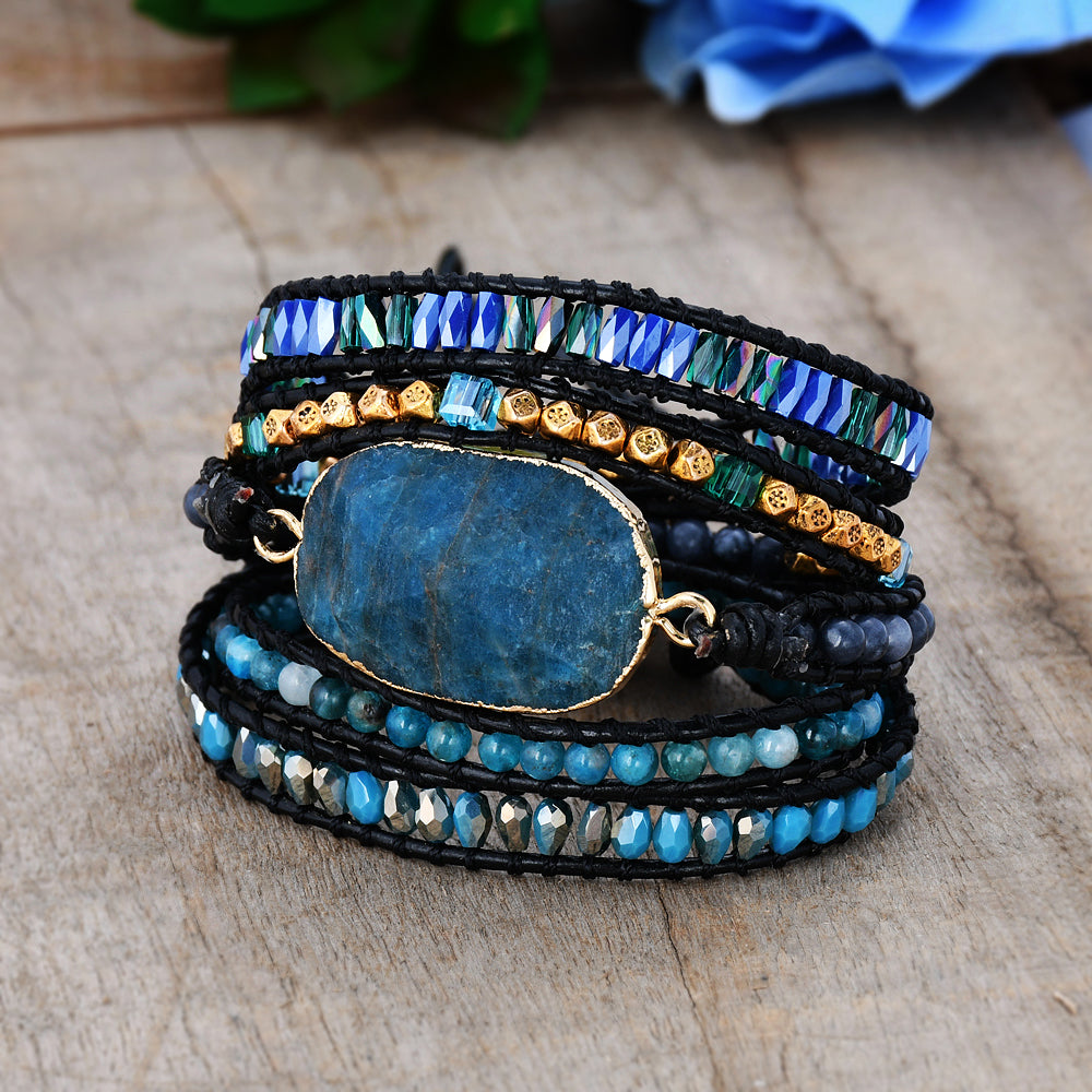 Gold Faceted Blue Apatite Pyramid & 4mm Natural Stone Beads 5-Layers Leather Wrap Bracelet, Handmade Boho Jewelry HD0318