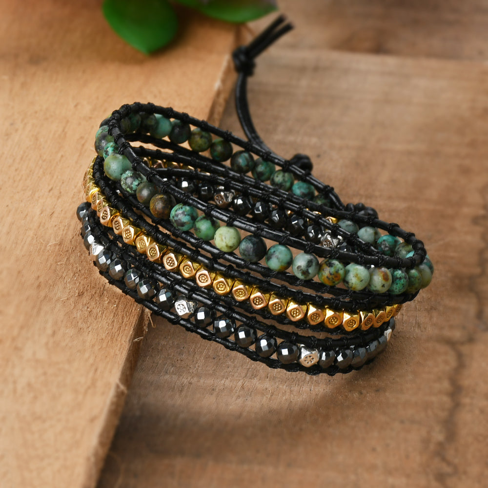 Gold 4mm African Turquoise Hematite Stone Beads 3-Layers Leather Wrap Bracelet, Handmade Boho Jewelry HD0359