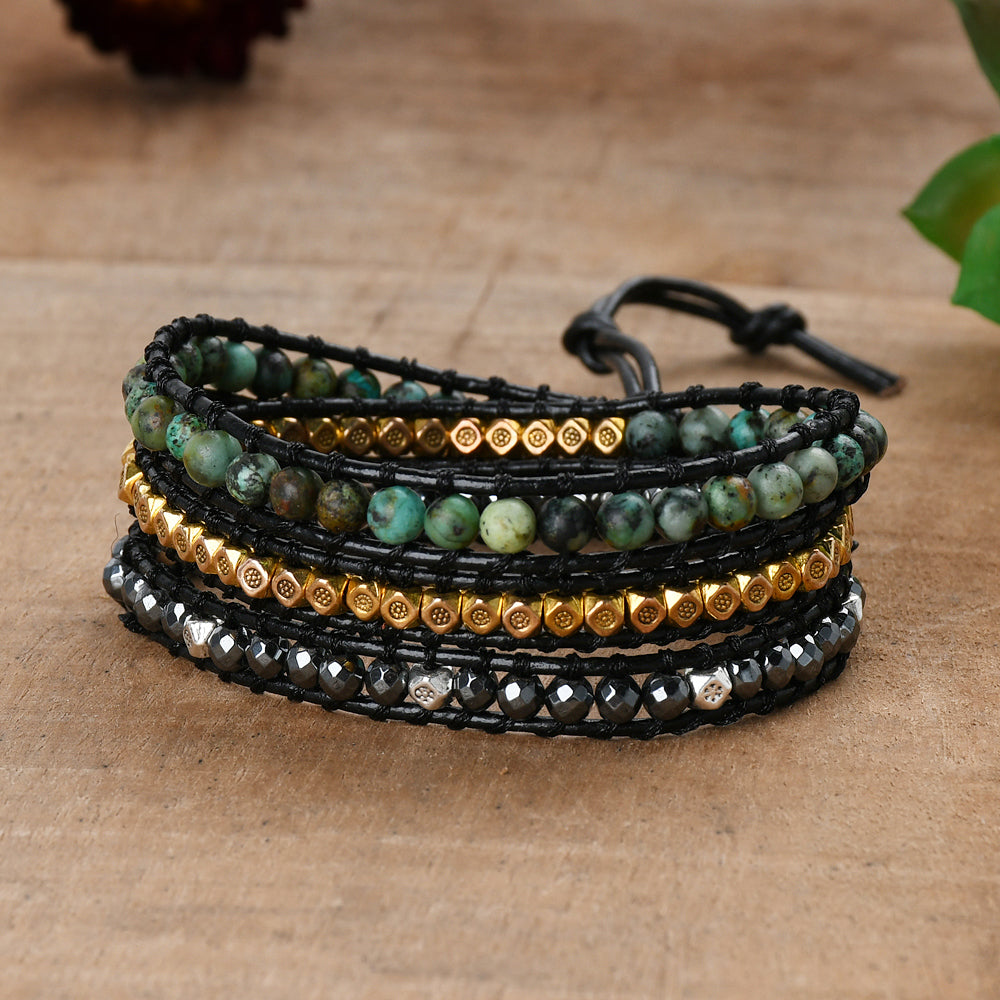 Gold 4mm African Turquoise Hematite Stone Beads 3-Layers Leather Wrap Bracelet, Handmade Boho Jewelry HD0359