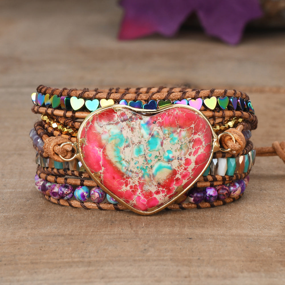 Gold Plated Heart Sea Sediment Jasper Leather Wrap Bracelet, 4mm Stone Beads, Handmade Boho Gemstone Jewelry HD0372