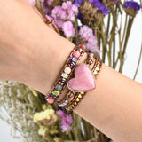 Rhodonite Big Heart 4mm Crystal Stone Beads 3-Layers Leather Wrap Bracelet, Handmade Boho Jewelry HD0373