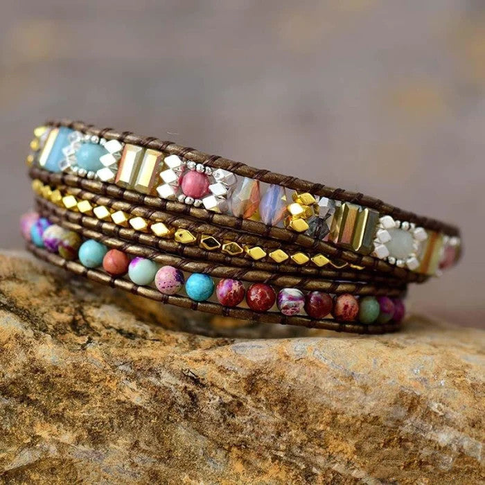 Purple Imperial Jasper Multi Kind Beaded Leather Wrap Bracelet, 3 Layers, Handmade Boho Jewelry HD0376