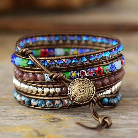 Vintage Flower Protection Multi Natural Stone Beaded Leather Wrap Bracelet, 5 Layers, Handmade Boho Jewelry HD0377