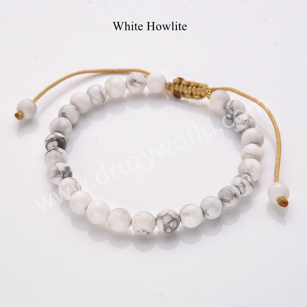 6mm Natural White Howlite Beaded Adjustable Bracelet