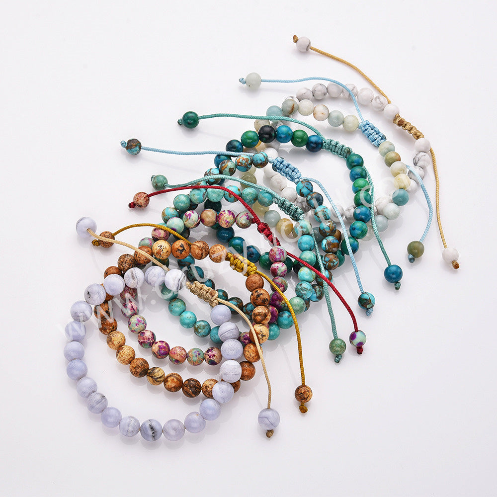 6mm Gemtone Beaded Bracelet, Copper Turquoise Lace Agate Beads Adjustable Bracelet, Handmade Jewelry HD0384