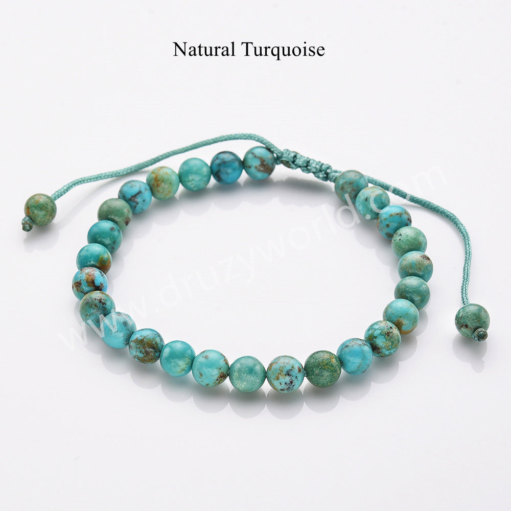 6mm Natural Turquoise Beaded Adjustable Bracelet